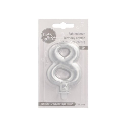 Το PAPSTAR GmbH κερί με αριθμούς με βάση 7 εκ. "ασημί" είναι ένα ασημί κερί με αριθμούς (8) σε διαφανή συσκευασία blister με πολυγλωσσική ετικέτα και φωτεινό αυτοκόλλητο "Party Feeling!".