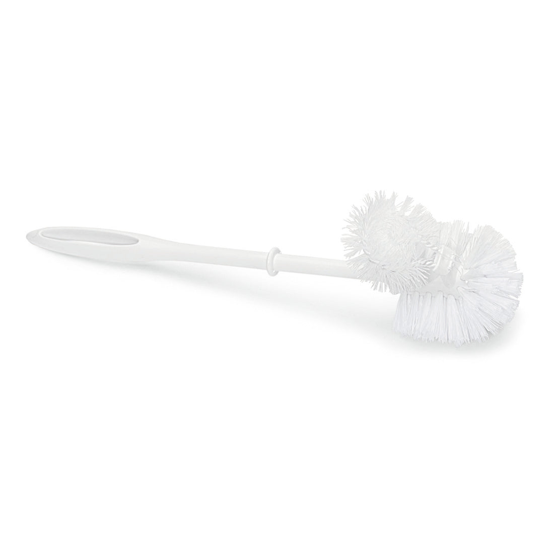 Eine Nölle Profi Brush WC-Bürste mit Randreiniger (38 cm, PP-Borste) von Nölle Profi Brush Bürsten- & Pinseltechnik e.K. mit weißem Langstiel, großem und kleinem Doppelrundkopf liegt auf weißem Grund.