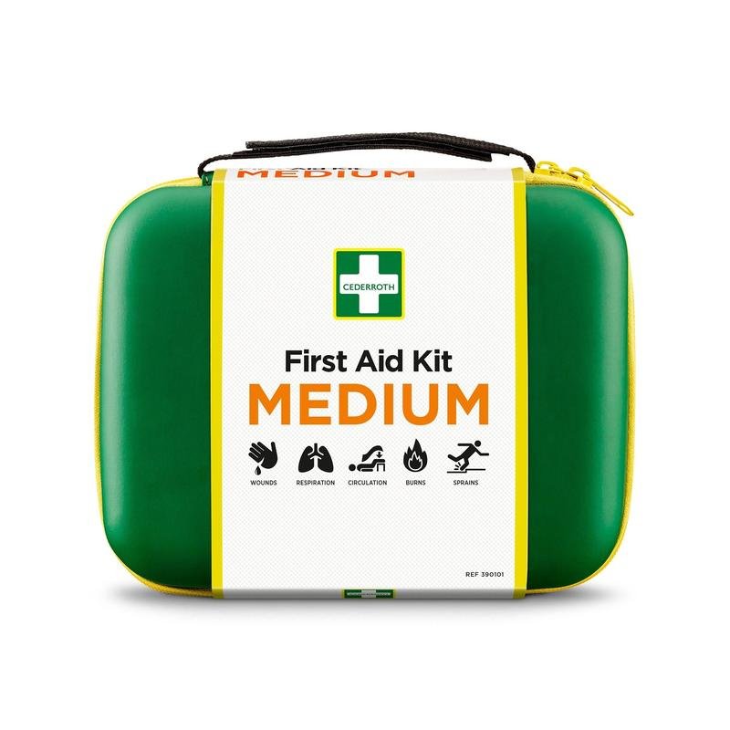 Το κουτί πρώτων βοηθειών MEDIUM της Orkla Wound Care AB (1 τεμάχιο) είναι ένα πράσινο-κίτρινο κουτί πρώτων βοηθειών με σύμβολα για πληγές, αναπνοή, κυκλοφορία, εγκαύματα και διαστρέμματα. Διαθέτει φερμουάρ και λαβή μεταφοράς στο πάνω μέρος.