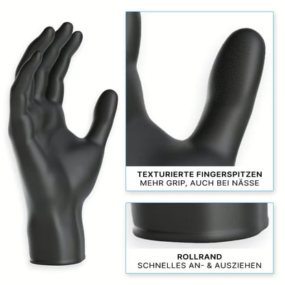 Der ARNOMED NITRIL XTRA PURE BLACK Einmalhandschuh von ARNOWA GmbH ist akzeleratorfrei, hautverträglich und zeigt texturierte Fingerspitzen für besseren Griff sowie einen gerollten Bund für einfaches An- und Ausziehen.