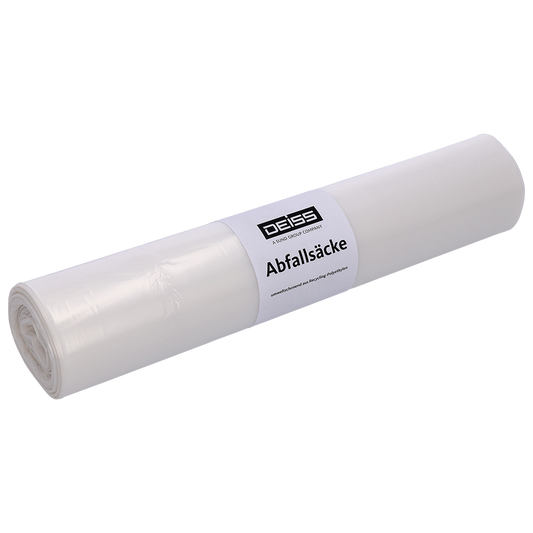 Eine Rolle EMIL DEISS KG (GmbH + Co.) DEISS 39320 Müllbeutel (700x1100 mm, Typ 70, transparent-klar, 25 Stück) mit weißem Aufkleber und schwarzem Text ist in Folie gewickelt und vor einem schlichten hellen Hintergrund platziert.