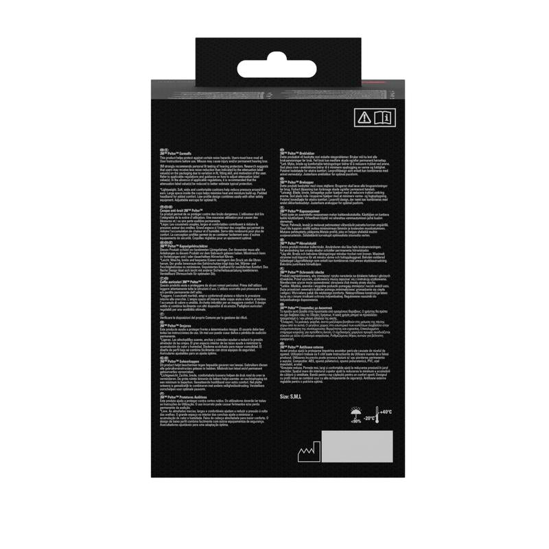 Η εικόνα δείχνει την πίσω πλευρά μιας μαύρης συσκευασίας για 3M™ PELTOR™ Optime™ I Ακουστικής Προστασίας H510A, SNR-αξία 27 dB, Κίτρινο (1 τεμάχιο) από την 3M Deutschland GmbH. Στη συσκευασία υπάρχουν πολλαπλά μπλοκ με λευκό κείμενο και το μέγεθος "S/M".