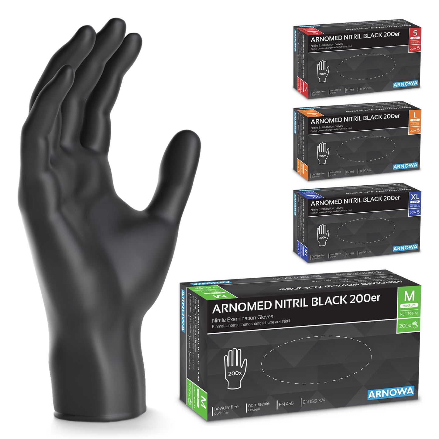 Ένα μαύρο γάντι νιτριλίου ARNOMED NITRIL BLACK 200er της ARNOWA GmbH στέκεται όρθιο δίπλα σε τέσσερα συσκευασμένα πακέτα οικονομίας 200 τεμαχίων σε κόκκινο (S), πορτοκαλί (L), μπλε (XL) και πράσινο (M) - χωρίς λάτεξ και χωρίς πούδρα.