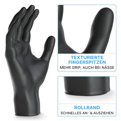 Ένα γάντι νιτριλίου ARNOMED NITRIL BLACK 200er της ARNOWA GmbH στέκεται όρθιο, κοντινά πλάνα δείχνουν αντιολισθητικές άκρες δακτύλων και κυλιόμενο χείλος για εύκολη εφαρμογή. Η γερμανική επιγραφή τονίζει χωρίς λάτεξ και χωρίς πούδρα.