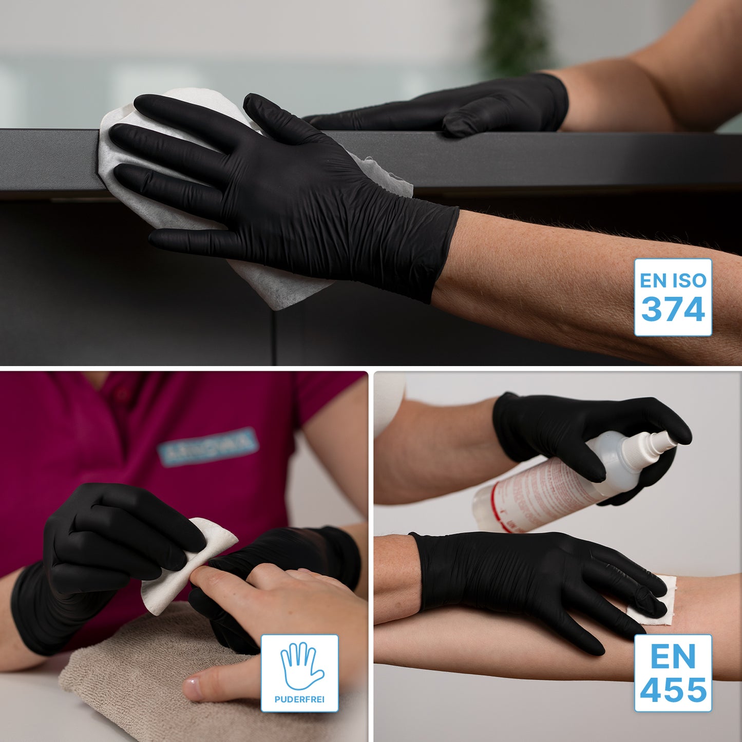 Ένα κολάζ δείχνει χέρια με γάντια ARNOMED NITRIL BLACK 200er της ARNOWA GmbH κατά τον καθαρισμό, την εφαρμογή υγρών και το σκούπισμα νυχιών. Τα πρότυπα EN ISO 374, EN 455 και ένα σύμβολο χεριού τονίζουν αυτά τα γάντια μιας χρήσης χωρίς λάτεξ και χωρίς πούδρα στο πακέτο οικονομίας 200 τεμαχίων.