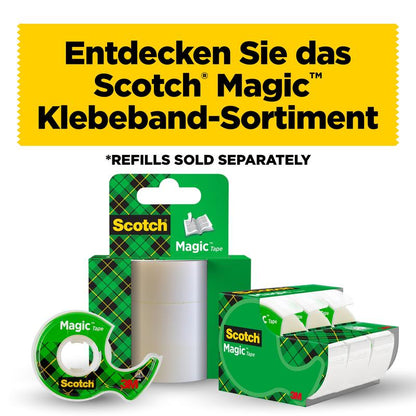 Μια οθόνη της 3M Deutschland GmbH Scotch® Magic™ Αόρατης Ταινίας, συμπεριλαμβανομένου 1 ρολού (19 mm x 7,5 m) με χειροκίνητο διανομέα. Πάνω γράφει στα γερμανικά: "Ανακαλύψτε το εύρος των ταινιών Scotch Magic."