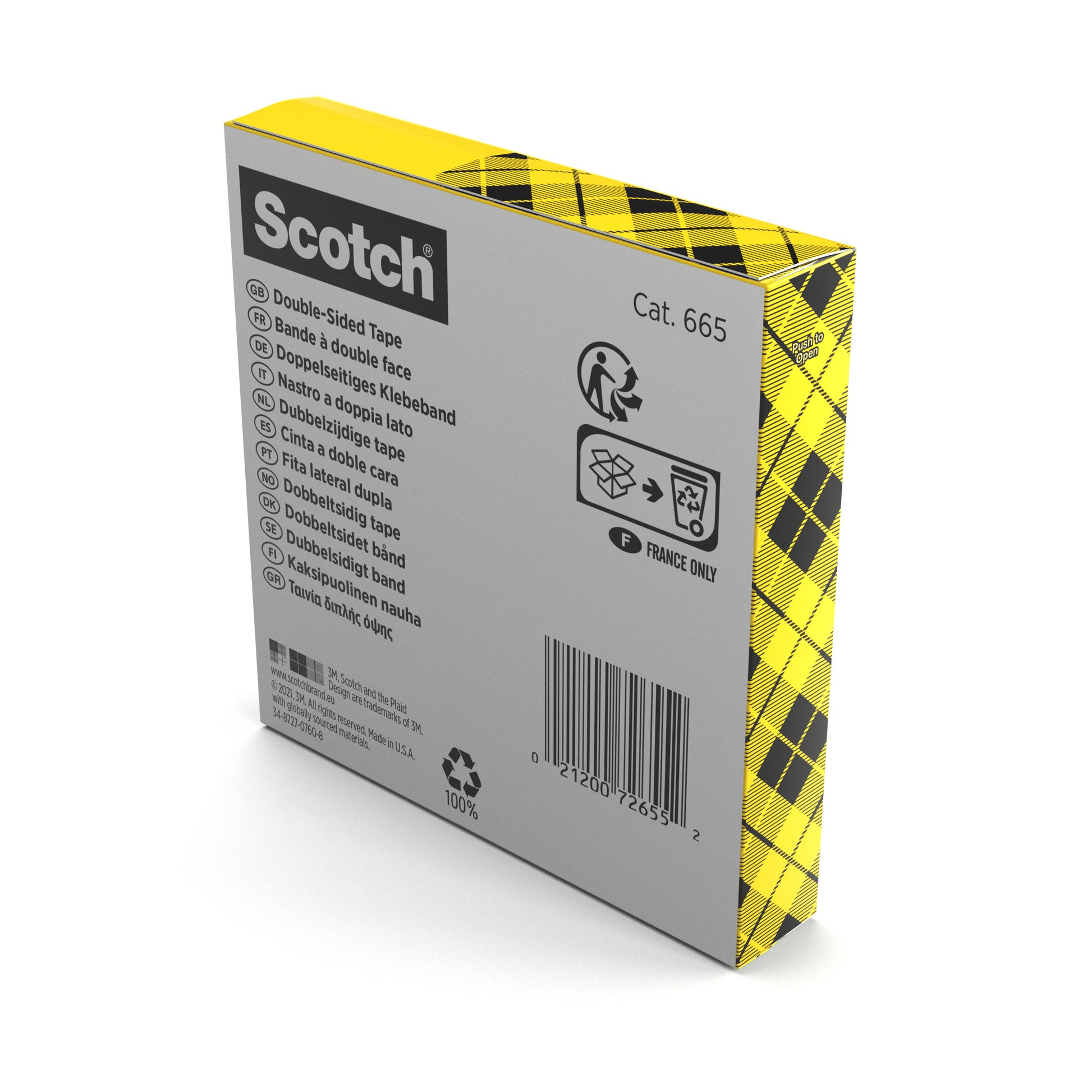 Eine Schachtel Scotch® doppelseitiges Klebeband, 1 Rolle (19 mm x 33 m) von 3M Deutschland GmbH zeigt ein gelb-schwarzes Karomuster, Produktinfos in mehreren Sprachen und Recycling-Symbole-ideal für Bastelbedarf.