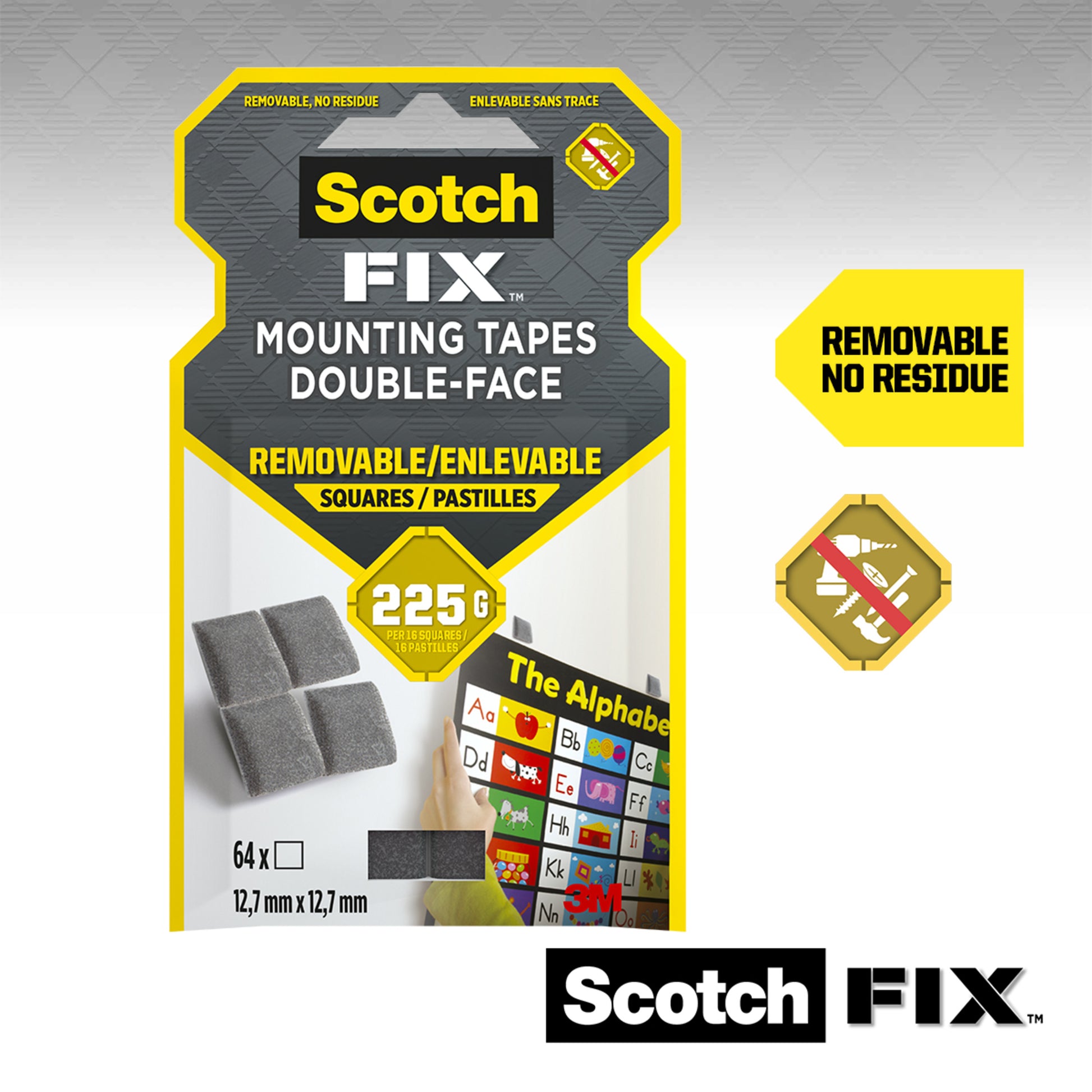 Eine Packung 3M Scotch-FIX™ Ablösbare Montagequadrate (108-ST64-P) enthält 64 ablösbare Quadrate (12,7 mm x 12,7 mm, hält bis zu 225 g) mit dem Hinweis "ablösbar, rückstandsfrei" auf der Verpackung und Anwendungsbeispielen.