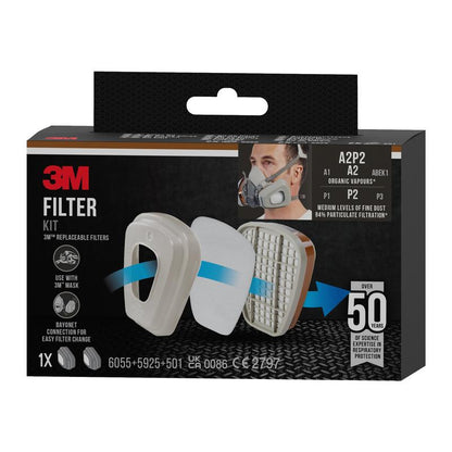 Το κουτί φίλτρων 3M™ 6002-1 της 3M Deutschland GmbH δείχνει εικόνες φίλτρων και έναν χρήστη με μάσκα, υπογραμμίζει πάνω από 50 χρόνια εμπειρίας στην προστασία αναπνοής και προσφέρει προστασία A2P2 κατά των οργανικών ατμών. Περιέχει 2x6055, 2x5925, και 2x501.