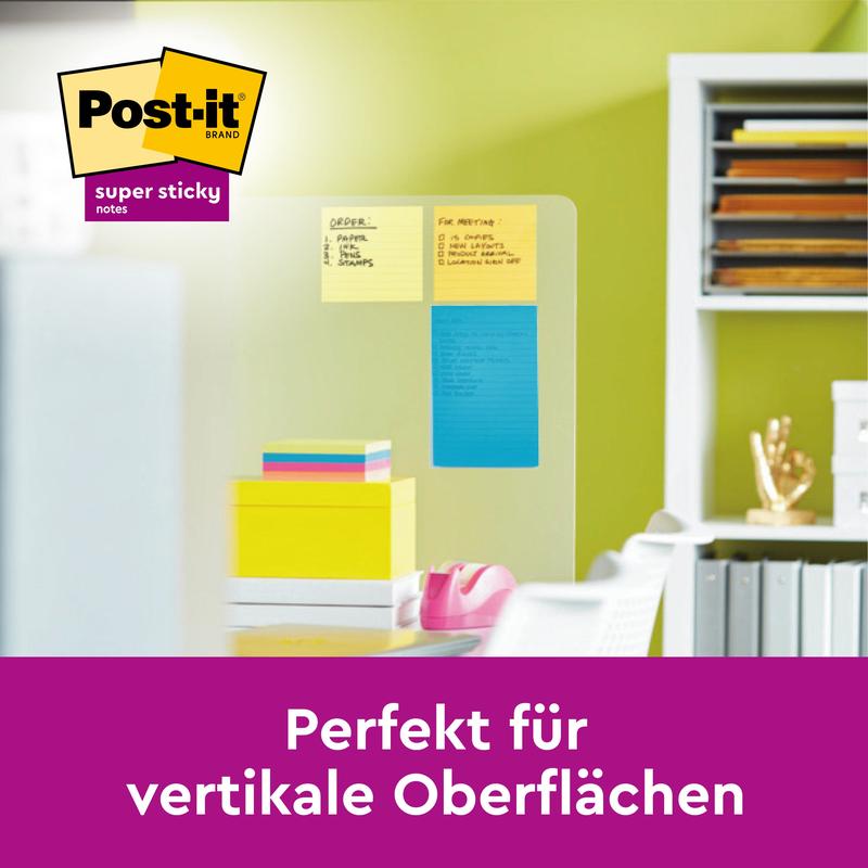 Ένας γυάλινος πίνακας δείχνει 3M Post-it® Super Sticky Notes μεγάλου μεγέθους (101 x 101 mm, 90 φύλλα, 100% PEFC) σε χρώματα κίτρινο, πορτοκαλί και μπλε. Πίσω από αυτά βρίσκονται ράφια γραφείου. Το κείμενο από κάτω αναφέρει: "Ιδανικό για κάθετες επιφάνειες."