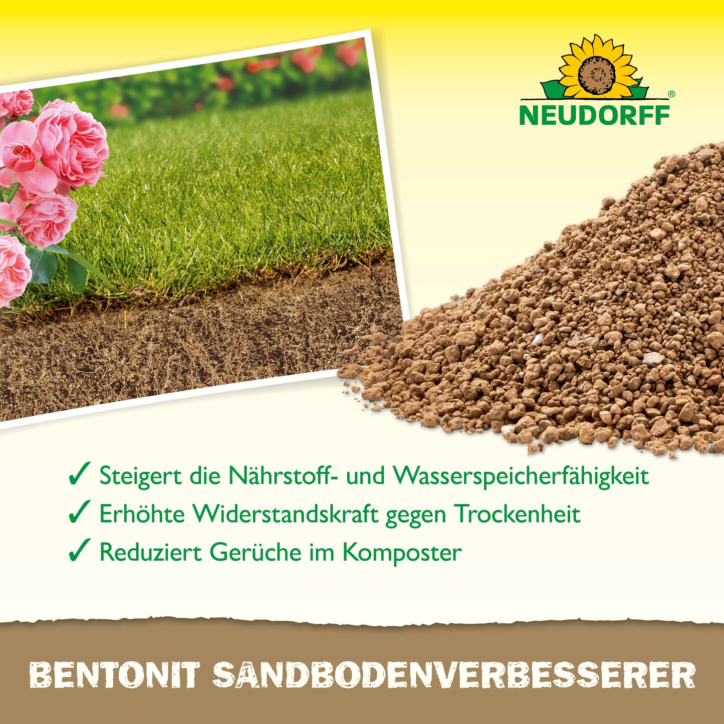 Ein Neudorff Shop Bentonit SandbodenVerbesserer Werbebild zeigt gesundes Gras, Erde, granulierte Tonmineralien, rosa Blüten und einen deutschen Text, der die Vorteile der Nährstoffspeicherung hervorhebt.