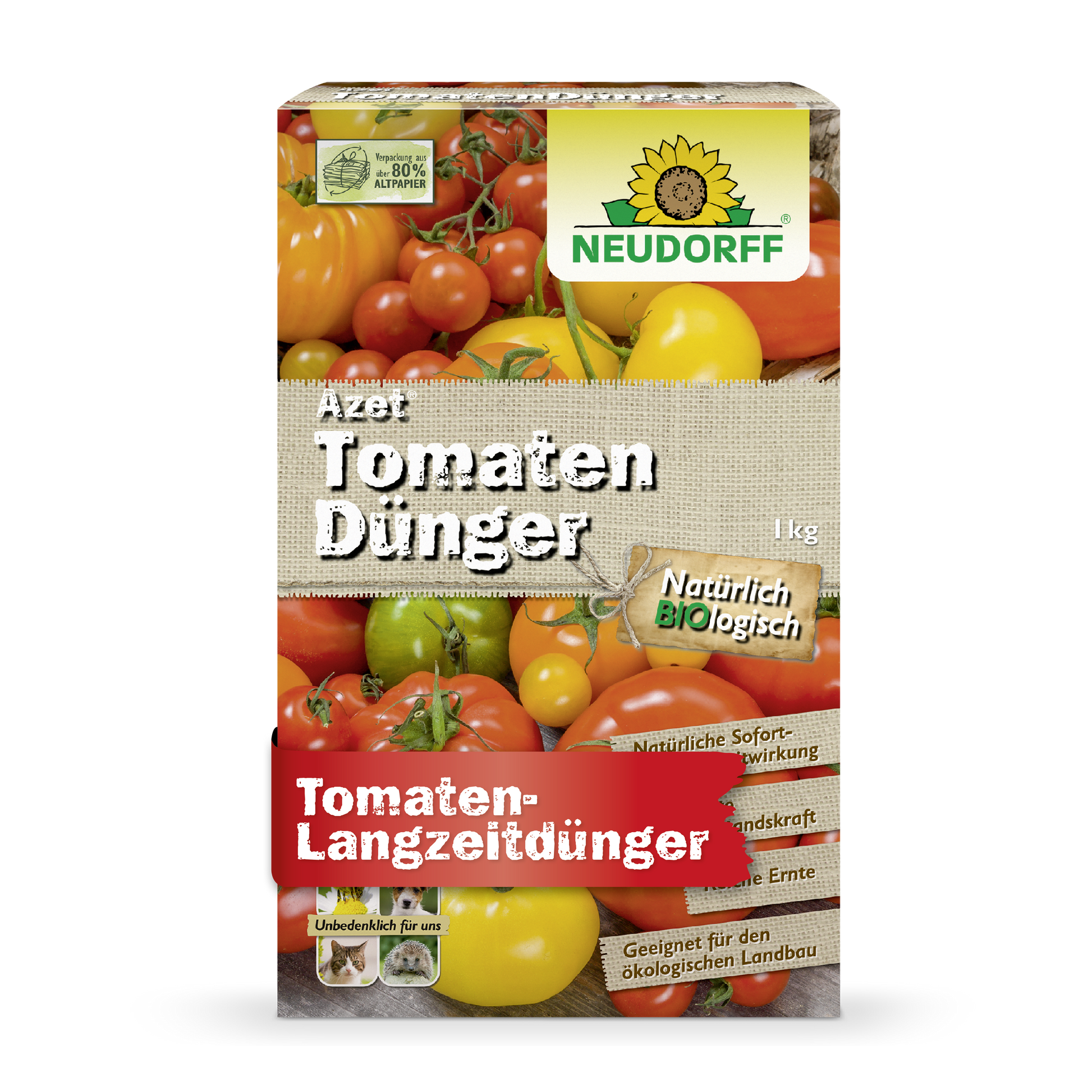 Eine rechteckige Schachtel Azet TomatenDünger von Neudorff Shop mit Tomatenbildern, Branding und deutschem Text unterstreicht die organische Formel für langfristige Düngung und reiche Tomatenernte.
