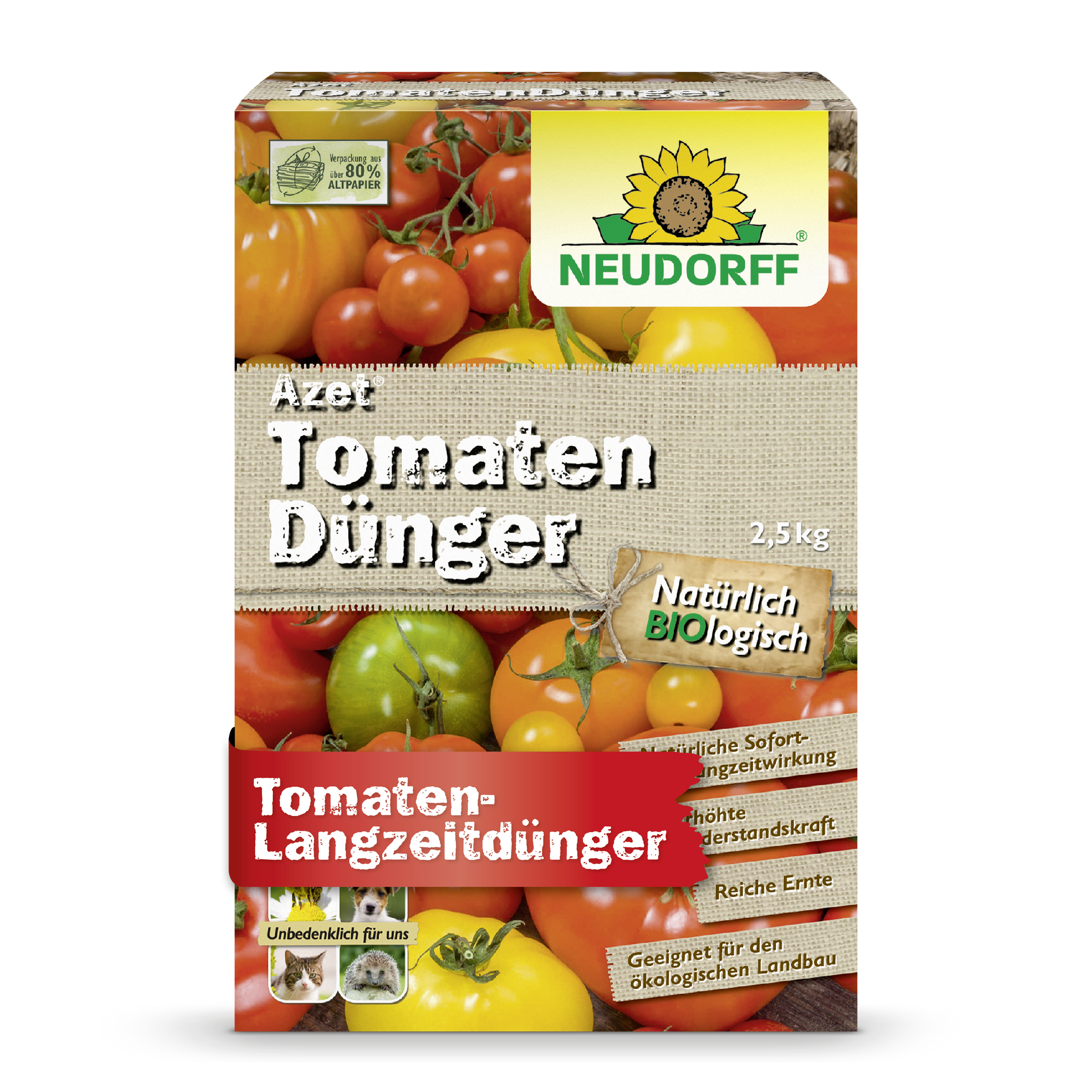 Eine Schachtel Neudorff Shop Azet TomatenDünger, 2,5 kg, mit Tomatenbildern auf der Verpackung hebt die biologische Formel hervor, die ideal für die Tomatendüngung ist und eine reiche Ernte für den ökologischen Anbau verspricht.