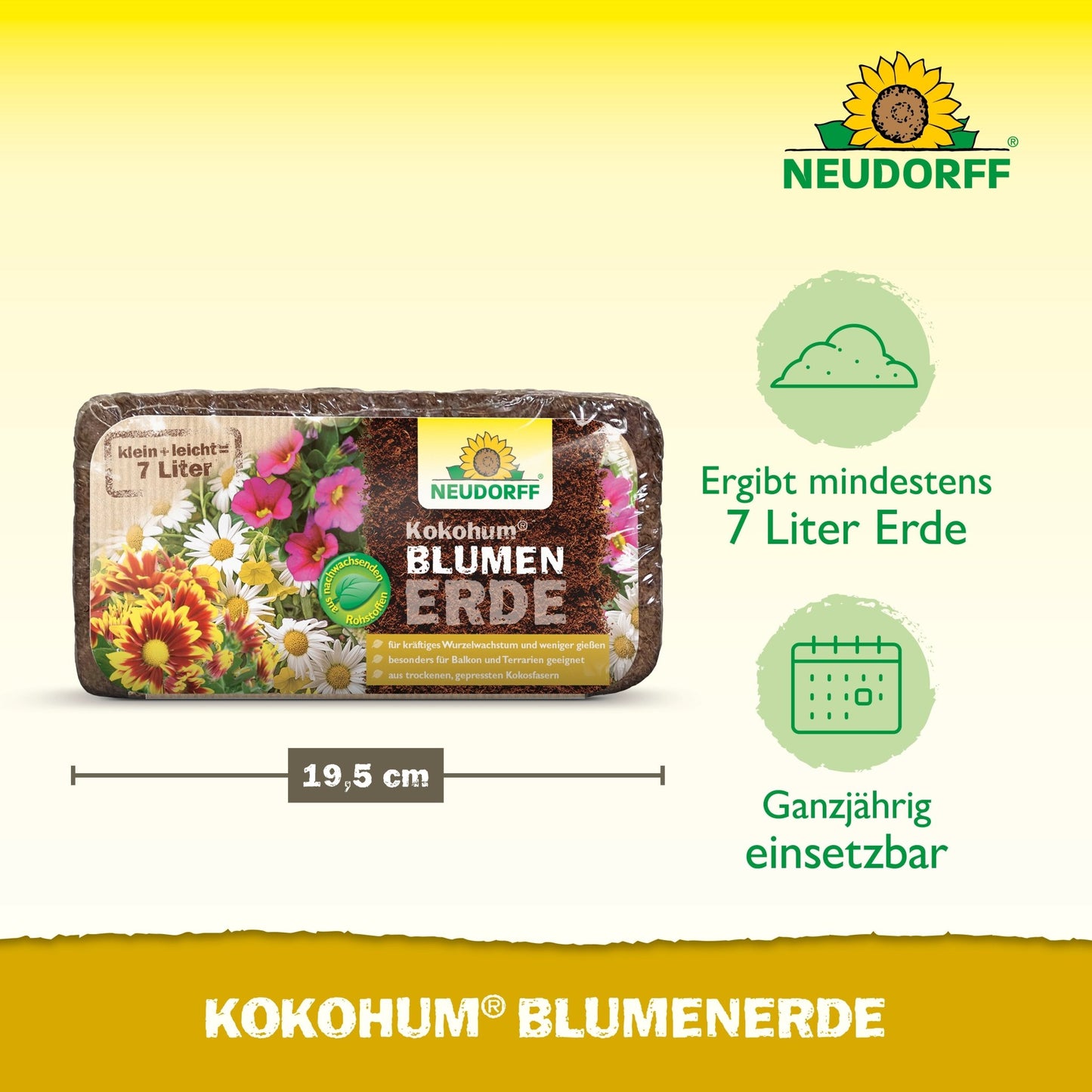 Ένα συσκευασμένο μπλοκ Neudorff Shop Kokohum BlumenErde, με πολύχρωμα λουλούδια στην ετικέτα, αποδίδει τουλάχιστον 7 λίτρα χώματος, είναι 19,5 cm πλάτος και είναι κατάλληλο για χρήση καθ' όλη τη διάρκεια του έτους.