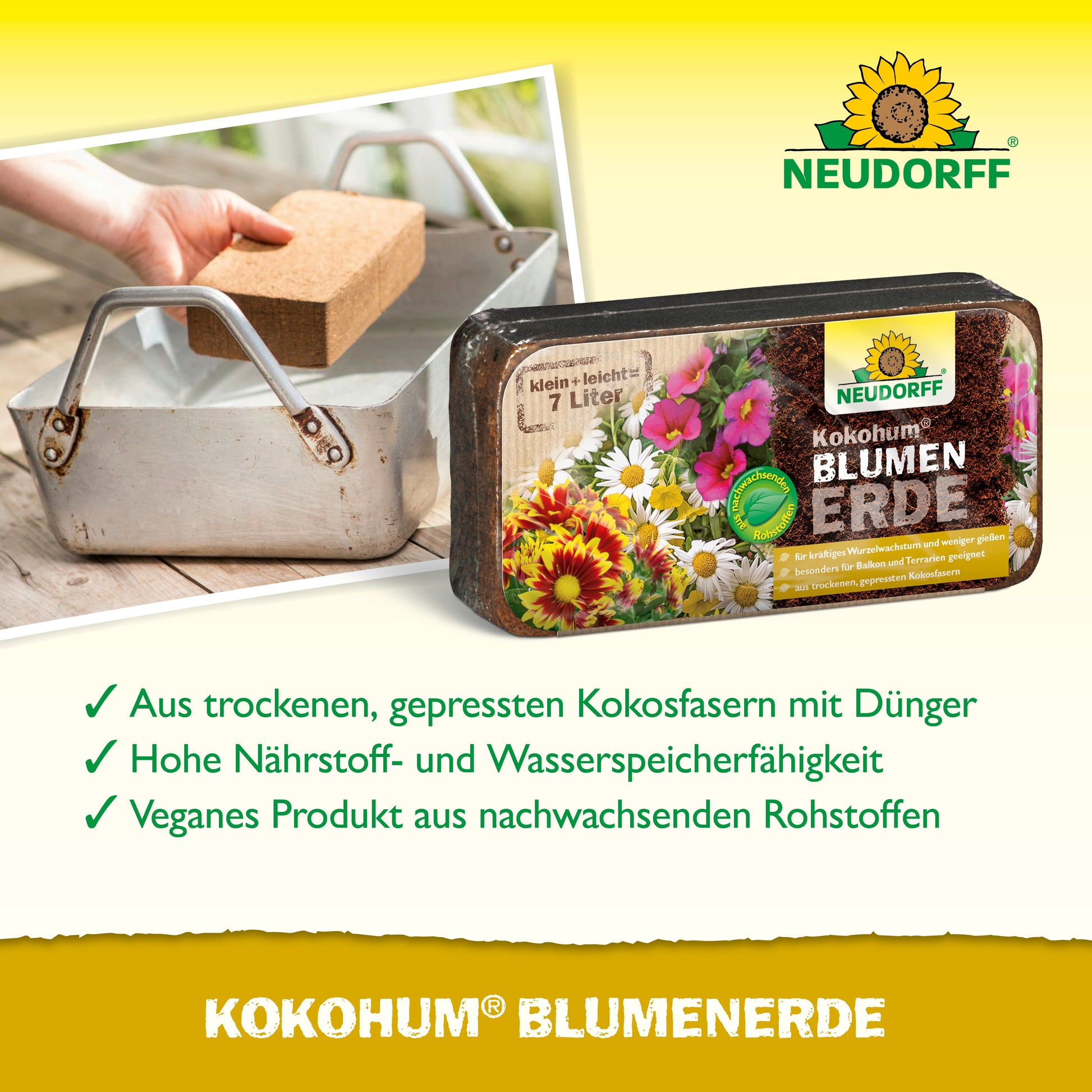 Eine Packung Neudorff Shop Kokohum BlumenErde wird auf einem gelben Hintergrund mit einem Hinweistext dargestellt. Ein Foto zeigt eine Hand, die einen Kokohum BlumenErde Kokosfaserstein in einen Metallbehälter legt.