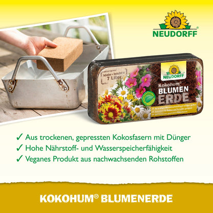 Μια συσκευασία Neudorff Shop Kokohum BlumenErde απεικονίζεται σε κίτρινο φόντο με ένα κείμενο υπόδειξης. Μια φωτογραφία δείχνει ένα χέρι που τοποθετεί έναν πέτρινο κοκοφοίνικα Kokohum BlumenErde σε ένα μεταλλικό δοχείο.