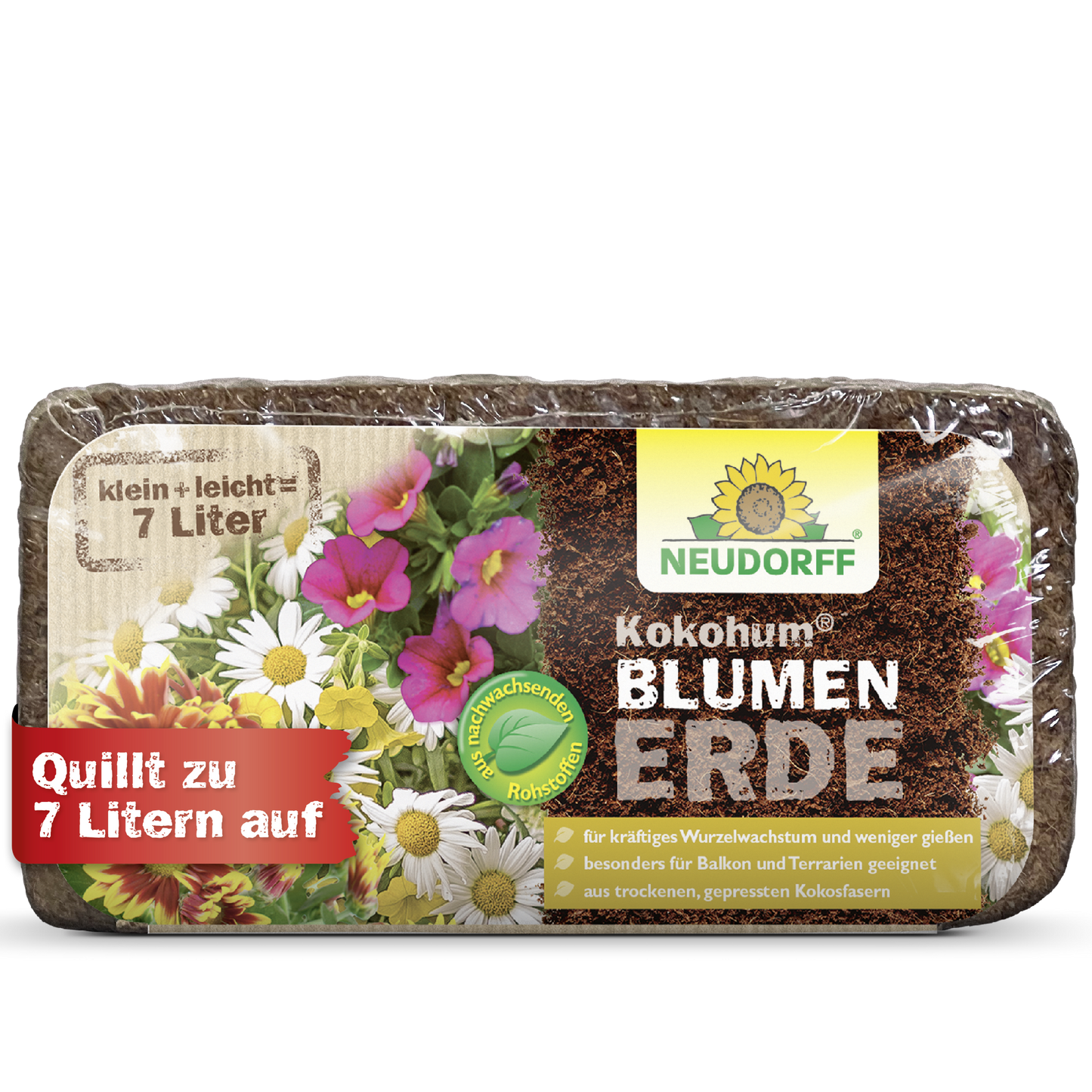 Εμφανίζεται μια συσκευασία Neudorff Shop Kokohum BlumenErde, που επεκτείνεται σε 7 λίτρα και είναι ιδανική για λουλούδια. Η γερμανική συσκευασία δείχνει πολύχρωμα άνθη, λεπτομέρειες προϊόντος και τονίζει την φυσική περιεκτικότητα σε ίνες καρύδας.