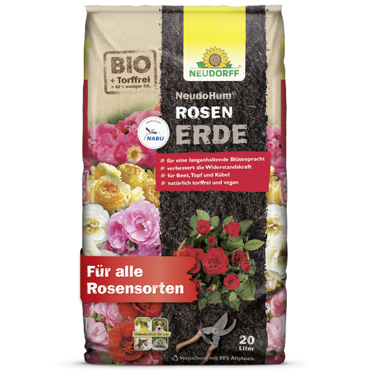 Ein 20-Liter-Sack Neudorff Shop NeudoHum RosenErde, ein torffreies, veganes Bio-Pflanzsubstrat mit deutschen Texten und Piktogrammen, bietet optimale Wachstumsbedingungen für alle Rosensorten.