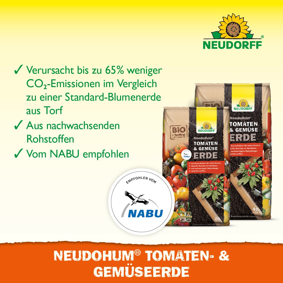 Μια κοντινή λήψη του NeudoHum Tomaten- & GemüseeErde από το Neudorff Shop, το τέλειο υπόστρωμα φύτευσης για καλοκαιρινά λαχανικά, που καλύπτει τις θρεπτικές ανάγκες των φυτών σας.