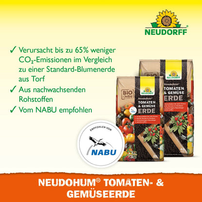 Μια κοντινή λήψη του NeudoHum Tomaten- & GemüseeErde από το Neudorff Shop, το τέλειο υπόστρωμα φύτευσης για καλοκαιρινά λαχανικά, που καλύπτει τις θρεπτικές ανάγκες των φυτών σας.