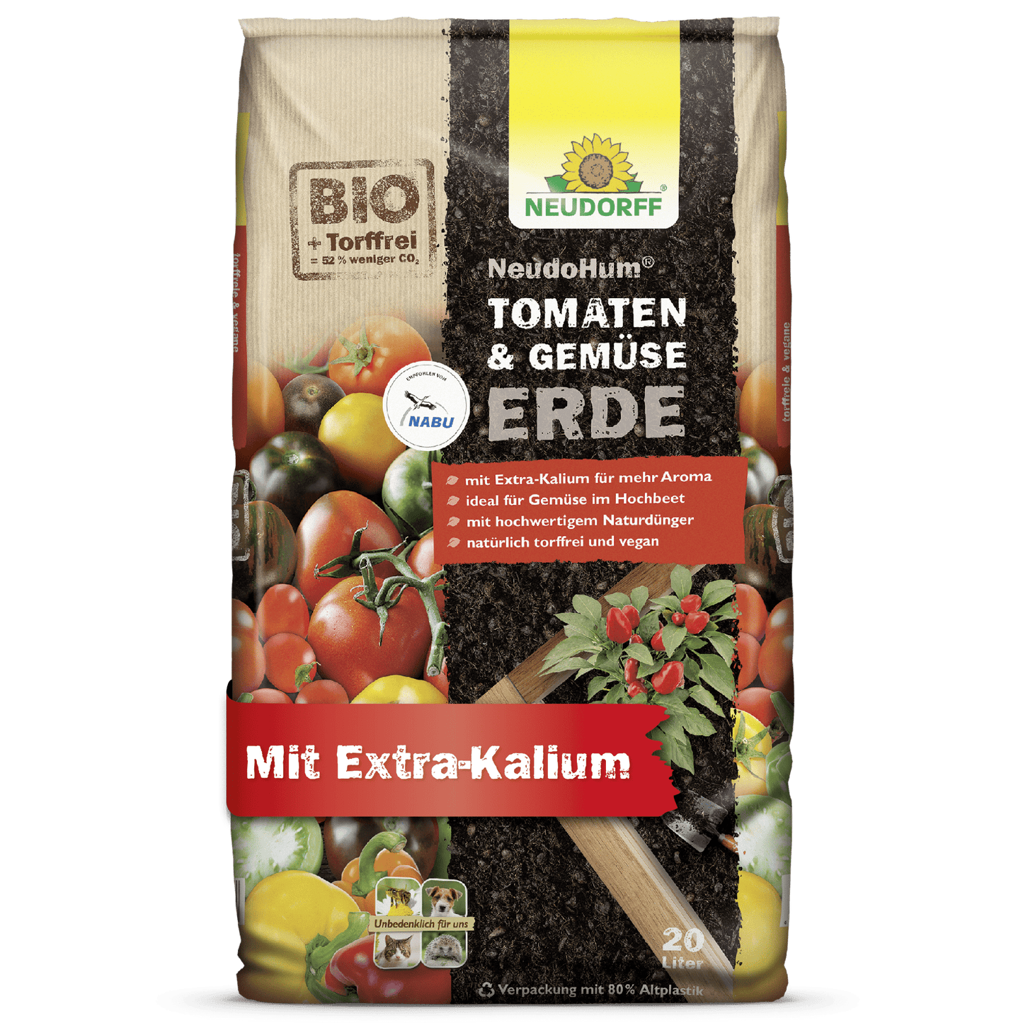 Στη συσκευασία μιας σακούλας Neudorff Shop NeudoHum Tomaten- & GemüseeErde, χωρίς τύρφη και βιολογική, απεικονίζονται ντομάτες και καλοκαιρινά λαχανικά. Με επιπλέον κάλιο, είναι ιδανική για υπερυψωμένα κρεβάτια και υποστηρίζει την υγιή ανάπτυξη λαχανικών.