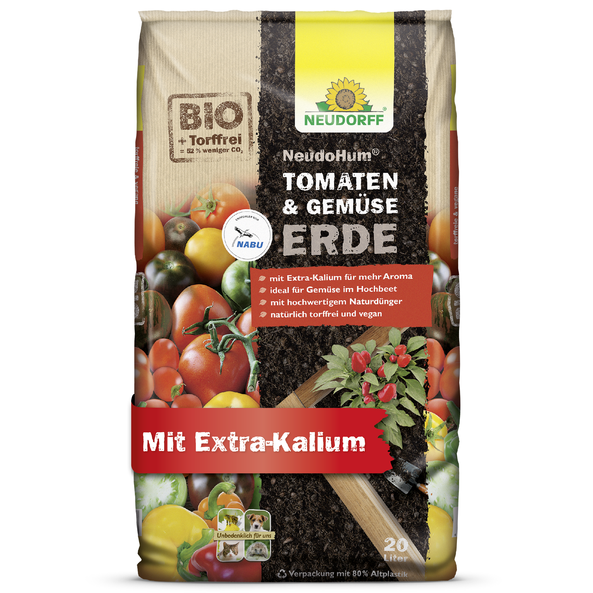 Auf der Verpackung eines Beutels Neudorff Shop NeudoHum Tomaten- & GemüseErde, torffrei und biologisch, sind Tomaten und Sommergemüse abgebildet. Mit extra Kalium ist sie ideal für Hochbeete und unterstützt ein gesundes Gemüsewachstum.
