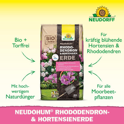 Ένας σάκος NeudoHum Rhododendron & Hortensien Erde από το Neudorff Shop είναι εκτεθειμένος, με κείμενο που αναφέρεται στα οργανικά συστατικά, το υψηλής ποιότητας φυσικό λίπασμα και τη χρήση ως υπόστρωμα για ροδόδεντρα και ορτανσίες.