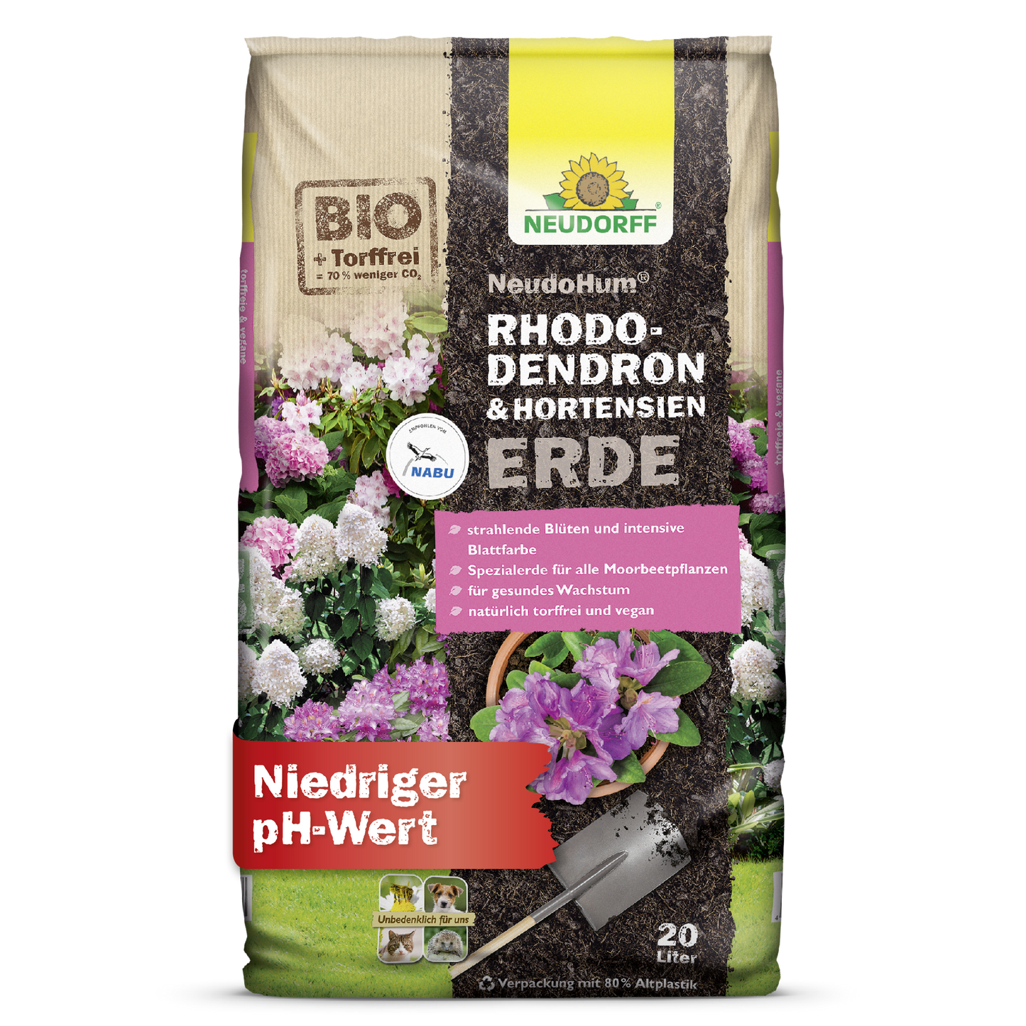 Ένας σάκος 20 λίτρων NeudoHum Rhododendron & Hortensien Erde από το Neudorff Shop δείχνει εικόνες από ορτανσίες και ροδόδεντρα και προάγει την άριστη ανάπτυξη των φυτών λόγω της χαμηλής τιμής pH.