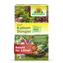 Azet KaliumDünger aus dem Neudorff Shop ist ein organischer Dünger für alle Gartenpflanzen, beugt Kaliummangel vor, deckt bis zu 100 m² und zeigt Bilder von Gemüse und Blumen - ideal zum Pflanzen düngen.