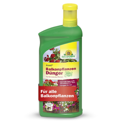 Eine grüne Flasche Neudorff Shop Azet BalkonpflanzenDünger flüssig mit gelber Kappe ist mit einem Etikett mit Blumen und deutschem Text versehen, ideal für alle Balkonpflanzen wie Sommerblumen und Balkonkästen.