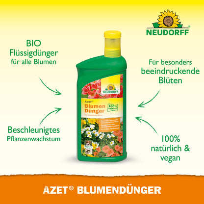 Abgebildet ist eine grüne Flasche Neudorff Shop Azet BlumenDünger flüssig, die seine biologischen, veganen und natürlichen Eigenschaften für gesundes Pflanzenwachstum hervorhebt. Auf dem Etikett sind bunte Blumen abgebildet.