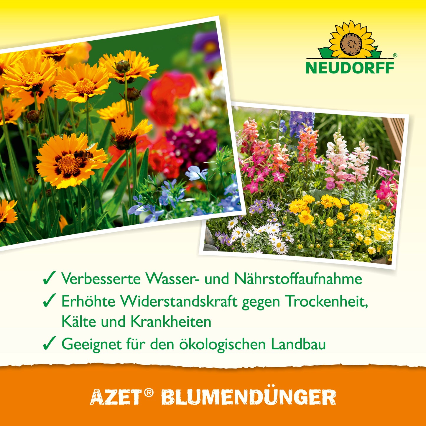 Ein Werbebild für Azet BlumenDünger flüssig von Neudorff Shop zeigt bunte Blüten und listet Vorteile wie gesünderes Pflanzenwachstum und Eignung für den Bio-Anbau auf Deutsch.