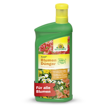 Eine grüne Plastikflasche Neudorff Shop Azet BlumenDünger flüssig mit gelber Kappe, Blumenetikett, deutschem Text und einer "100% Bio"-Plakette. Dieser Flüssigdünger unterstützt das gesunde Wachstum aller Blumen.
