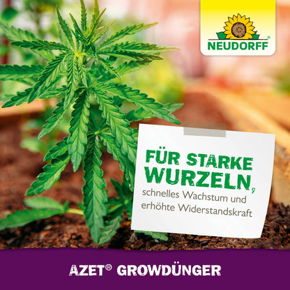 Eine Nahaufnahme einer in der Erde wachsenden Cannabispflanze zeigt das Logo des Neudorff Shops. Ein deutsches Schild hebt starke Wurzeln, schnelles Wachstum und Widerstandsfähigkeit für erfolgreichen Cannabis-Anbau hervor. Darunter wird "Azet GrowDünger" angezeigt.