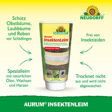 Ένας σωλήνας κόλλας εντόμων Aurum από το Neudorff Shop στέκεται όρθιος και φέρει γερμανικό κείμενο για την προστασία των οπωροφόρων δέντρων από μυρμήγκια και θηλυκές πεταλούδες του χειμώνα. Στο πράσινο-κίτρινο υπόβαθρο φαίνεται το λογότυπο Neudorff στην κορυφή.
