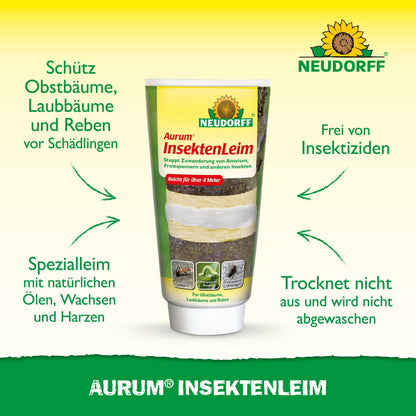 Ένας σωλήνας κόλλας εντόμων Aurum από το Neudorff Shop στέκεται όρθιος και φέρει γερμανικό κείμενο για την προστασία των οπωροφόρων δέντρων από μυρμήγκια και θηλυκές πεταλούδες του χειμώνα. Στο πράσινο-κίτρινο υπόβαθρο φαίνεται το λογότυπο Neudorff στην κορυφή.