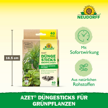 Die Abbildung zeigt eine Neudorff Shop Azet Düngesticks für Grünpflanzen Box mit 40 Düngesticks (16,5 cm Höhe), die sich durch Sofortwirkung, natürliche Rohstoffe und ein praktisches Nährstoffdepot für Grünpflanzen auszeichnet.