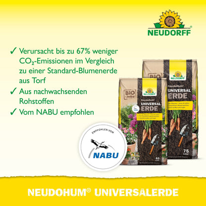 Δύο σάκοι NeudoHum UniversalErde από το κατάστημα Neudorff παρουσιάζονται με τα γερμανικά πλεονεκτήματα: μειωμένες εκπομπές CO2, ανανεώσιμες πρώτες ύλες, χωρίς τύρφη και σύσταση από NABU. Επίσης, το λογότυπο NABU είναι ορατό.