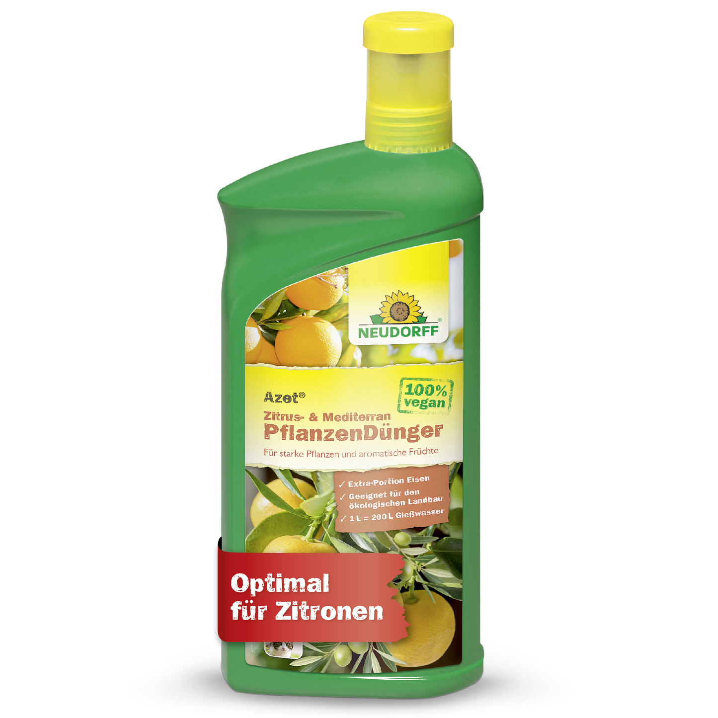 Eine grüne Flasche Neudorff Shop Azet Zitrus- & MediterranpflanzenDünger flüssig mit gelber Kappe, mit Zitrusfrüchten auf dem Etikett und dem Text, der besagt, dass es sich um einen 100% veganen idealen Flüssigdünger für Zitronen und mediterrane Balkonpflanzen handelt.