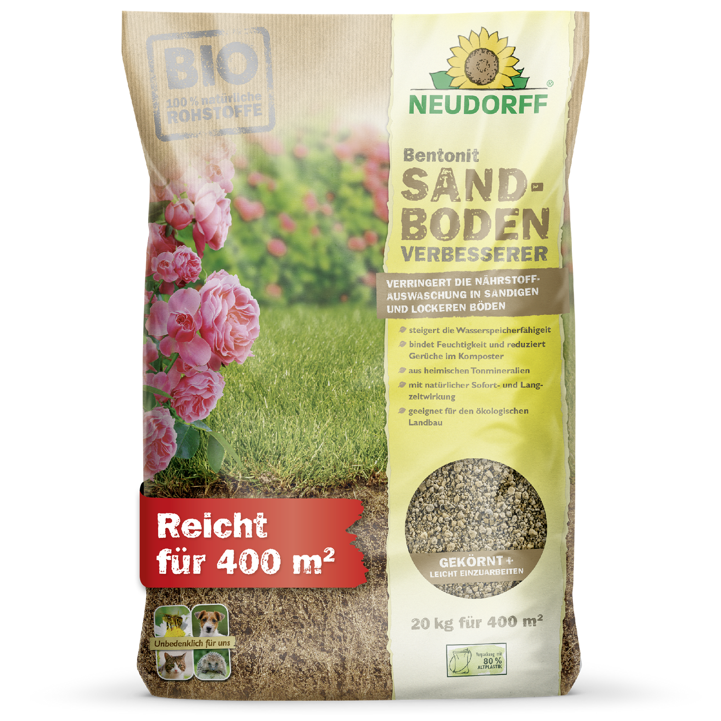 Ein 20-kg-Sack Neudorff Shop Bentonit SandbodenVerbesserer steht aufrecht; die Verpackung zeigt Gras, Blumen und hebt "Tonmineralien", "Sandboden verbessern" und "Nährstoffe speichern" hervor. Deckt bis zu 400 m² ab.