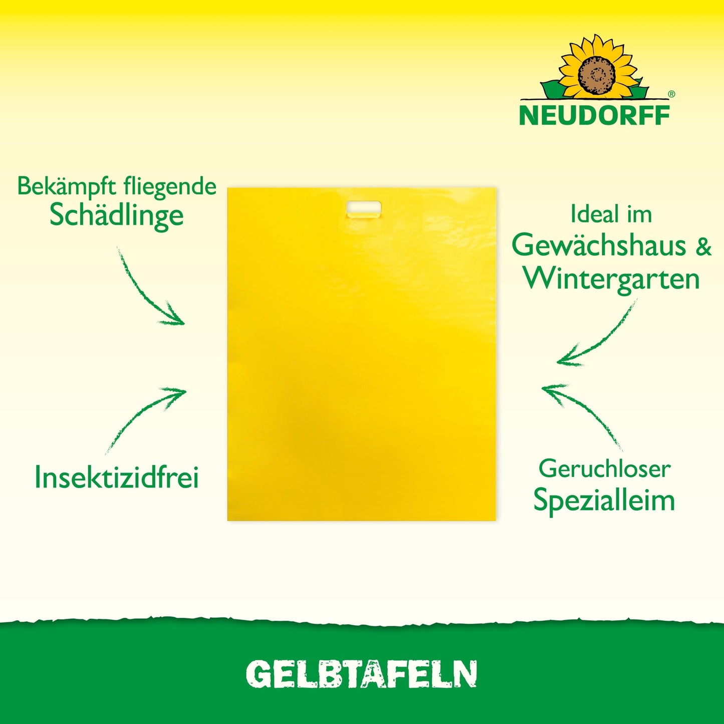 Οι Neudorff Shop Gelbtafeln (μεγάλου μεγέθους) κολλητικές παγίδες καταπολεμούν τα φυτοπαράσιτα χωρίς εντομοκτόνα, είναι ιδανικές για θερμοκήπια και χειμερινούς κήπους, χρησιμοποιούν ουδέτερης οσμής ειδική κόλλα και φέρουν επάνω το λογότυπο Neudorff.