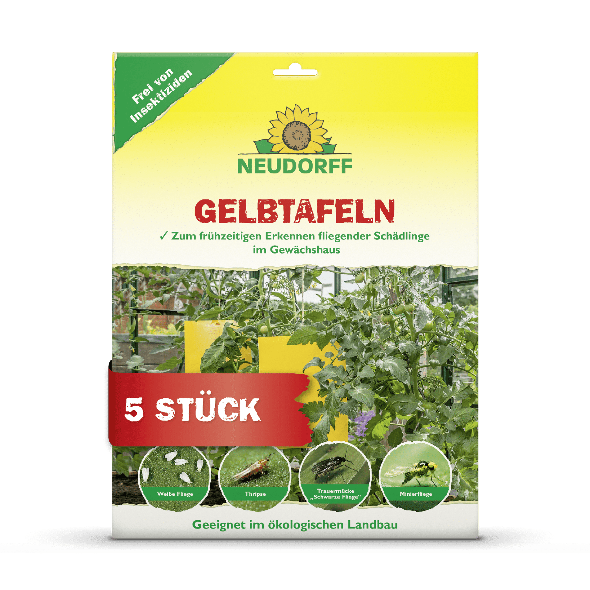Πρόσοψη της συσκευασίας των Neudorff Shop Gelbtafeln (μεγάλου μεγέθους) με πέντε παγίδες για την έγκαιρη ανίχνευση φυτοπαρασίτων σε θερμοκήπια, με εικόνες φυτών και παγιδευμένων εντόμων. Το κείμενο της συσκευασίας είναι στα γερμανικά.