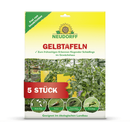Πρόσοψη της συσκευασίας των Neudorff Shop Gelbtafeln (μεγάλου μεγέθους) με πέντε παγίδες για την έγκαιρη ανίχνευση φυτοπαρασίτων σε θερμοκήπια, με εικόνες φυτών και παγιδευμένων εντόμων. Το κείμενο της συσκευασίας είναι στα γερμανικά.