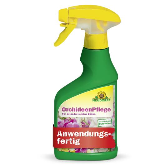 Auf einer grünen Sprühflasche mit gelber Düse mit der Aufschrift "OrchideenPflege" von Neudorff Shop sind Orchideen abgebildet und ein Text weist darauf hin, dass es sich um ein gebrauchsfertiges Pflanzenpflegeprodukt für eine optimale Orchideengesundheit handelt.