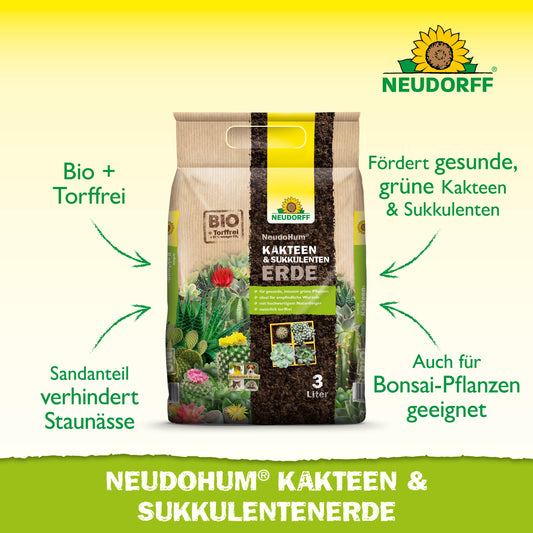 Ein beiger 3-Liter Neudorff Shop NeudoHum Kakteen & SukkulentenErde Beutel steht aufrecht. Die torffrei Erde verhindert Staunässe und ist ideal für ein gesundes Wachstum von Kakteen, Sukkulenten und Bonsai-Pflanzen.