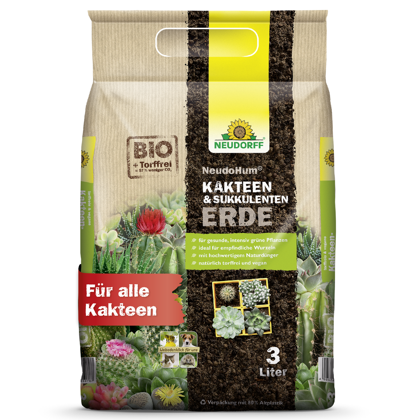 Ένας σάκος 3 λίτρων Neudorff Shop NeudoHum Kakteen & SukkulentenErde, ιδανικός για όλους τους κάκτους και τα παχύφυτα, σε μπεζ συσκευασία με πράσινες-κίτρινες αποχρώσεις, εικόνες κάκτων και κόκκινο κείμενο "Για όλους τους κάκτους".