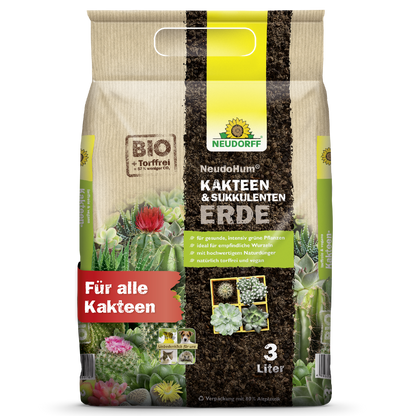 Ένας σάκος 3 λίτρων Neudorff Shop NeudoHum Kakteen & SukkulentenErde, ιδανικός για όλους τους κάκτους και τα παχύφυτα, σε μπεζ συσκευασία με πράσινες-κίτρινες αποχρώσεις, εικόνες κάκτων και κόκκινο κείμενο "Για όλους τους κάκτους".