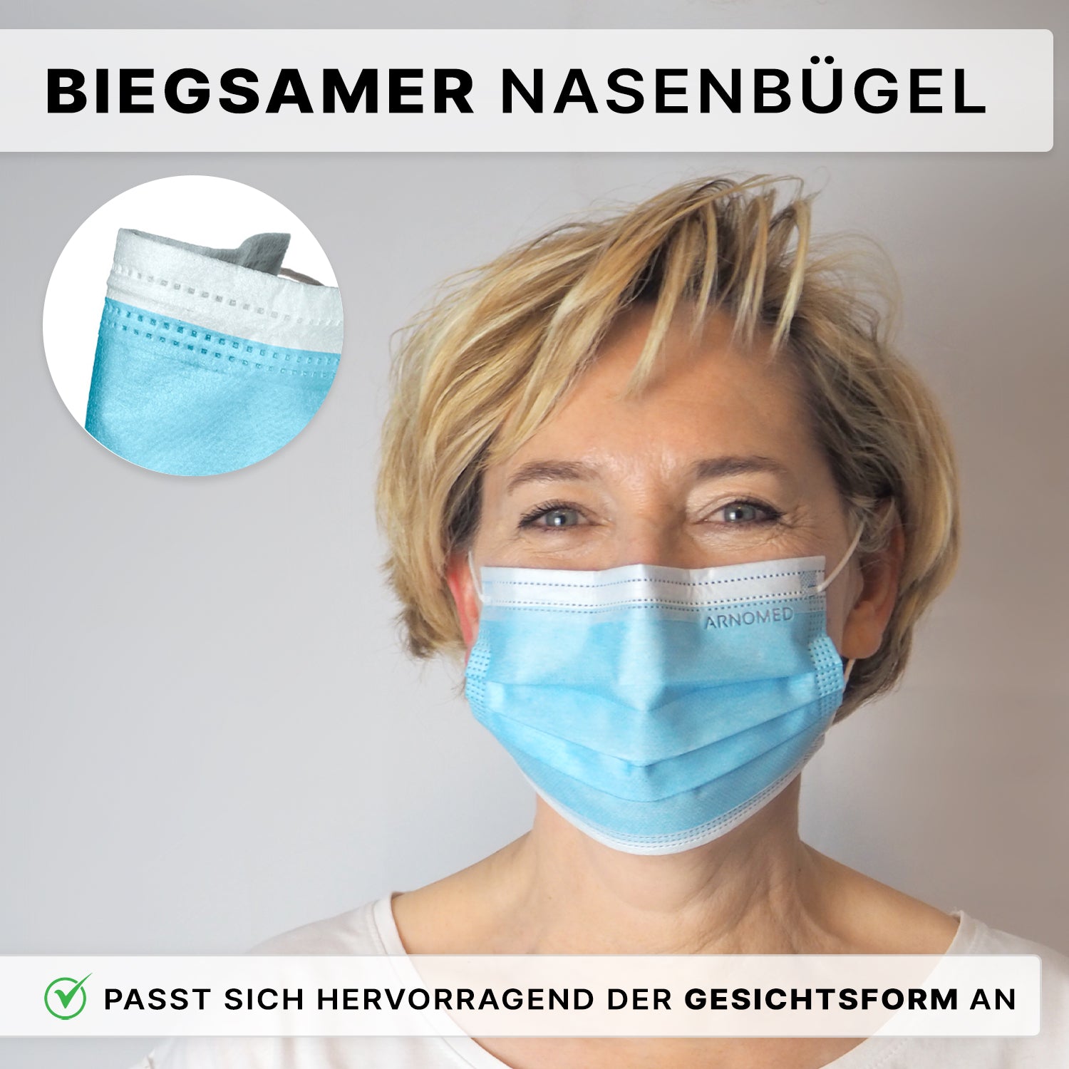 Eine Frau mit kurzen blonden Haaren trägt den ARNOMED MUNDSCHUTZ TYP IIR OP-Mundschutz mit Gummibändern von ARNOWA GmbH. Ein Einsatz hebt den flexiblen Nasendraht hervor. Der deutsche Text erklärt, dass die Maske für optimalen Schutz eng anliegt.