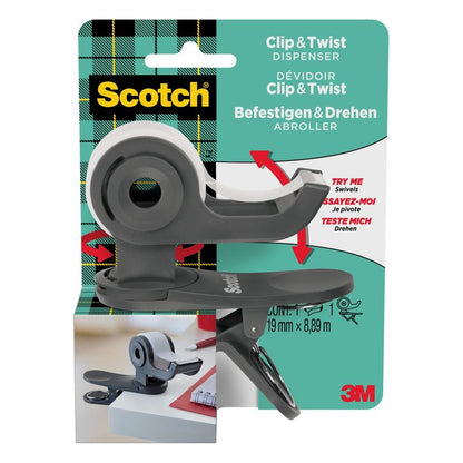 Ο διανομέας ταινίας Scotch™ Clip & Twist C19 της 3M Deutschland GmbH απεικονίζεται σε μια συσκευασία με μια ρολό αόρατης ταινίας Scotch® Magic™ (19 mm × 8,89 m), τοποθετημένο σε μια άκρη τραπεζιού. Η επωνυμία και οι οδηγίες χρήσης είναι ορατές.