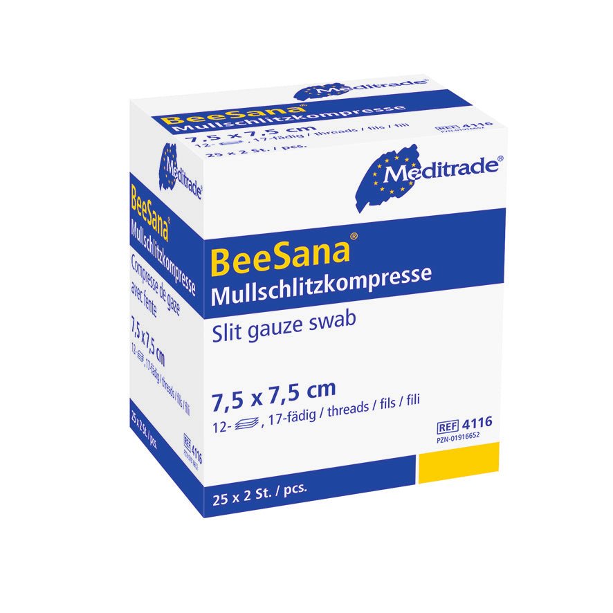 Κομπρέσα με σχισμή γάζας BeeSana®, αποστειρωμένη, 12πλάσια (50 τεμάχια)